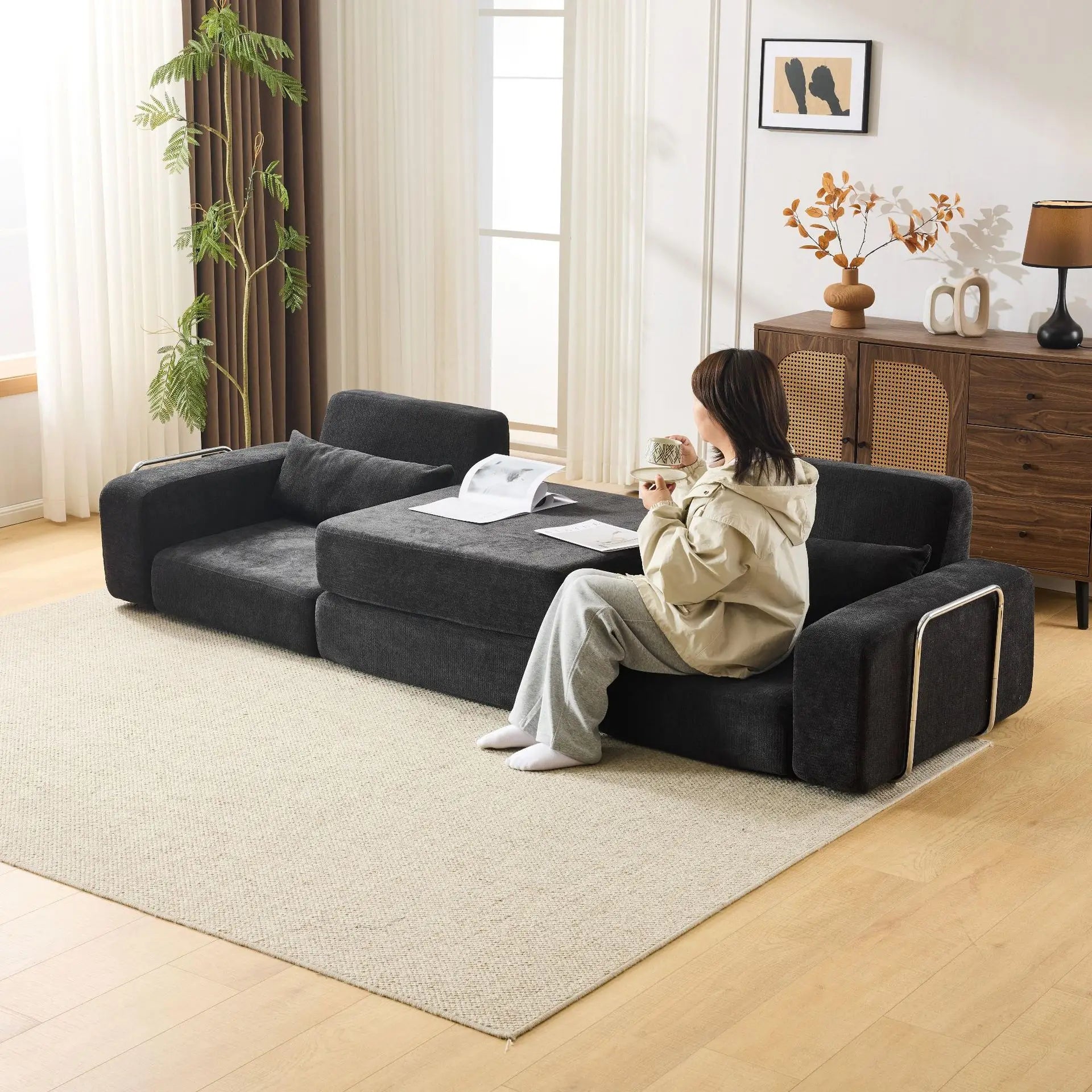 Multi-Functional Combination Compression Sofa Vacuum Folding Convertible Sofa In Bed Retro High-End Fabric Living Room Washable